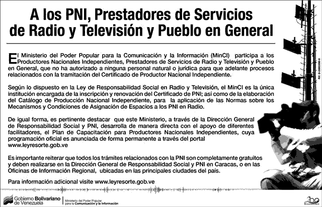 MINCI Advertencia PNI