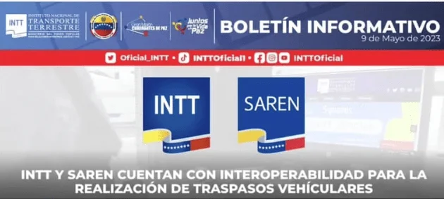Boletín INTT y SAREN cuentan con interoperatividad para traspaso de vehículos 9/5/23