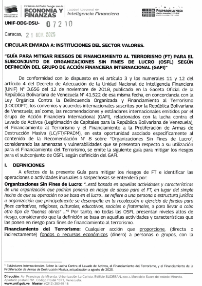 Circular Noviembre 2025 de la Unidad de Inteligencia Financiera UNIF-DDG-DSU-07210 (21/11/2025)