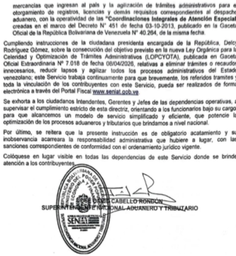 SENIAT ratifica prohibición de exigir documentos físicos generados por el propio servicio y ordena simplificar trámites tributarios y aduaneros