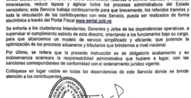 SENIAT ratifica prohibición de exigir documentos físicos generados por el propio servicio y ordena simplificar trámites tributarios y aduaneros