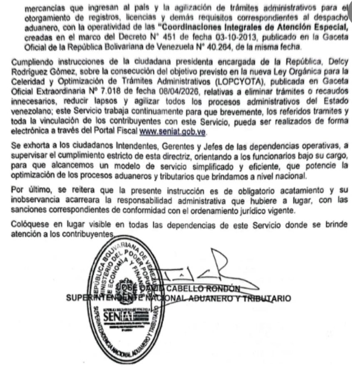 SENIAT ratifica prohibición de exigir documentos físicos generados por el propio servicio y ordena simplificar trámites tributarios y aduaneros