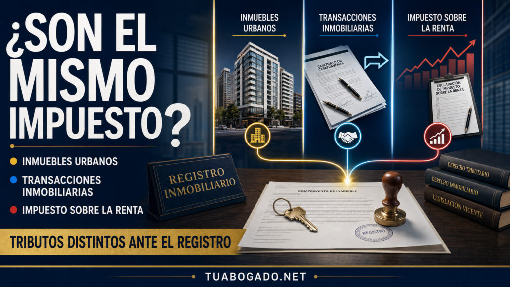 ¿ES LO MISMO EL IMPUESTO SOBRE INMUEBLES URBANOS QUE EL IMPUESTO SOBRE TRANSACIONES INMOBILIARIAS Y EL IMPUESTO SOBRE LA RENTA AL ESTAR EN OFICINAS DE REGISTRO? I