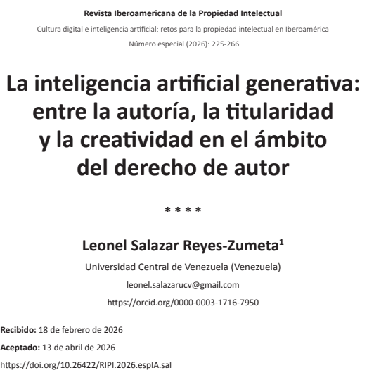 +PDF La inteligencia artificial generativa frente a la autoría y el derecho de autor por Leonel Salazar Reyes-Zumeta